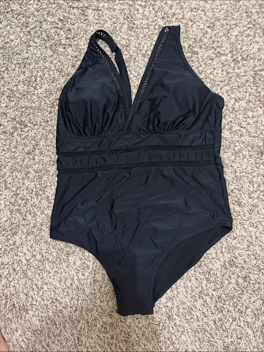 Women's Black One-Piece Swimsuit with V-Neck and Crochet Waist Detail